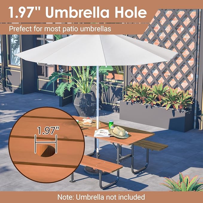 72'' Rectangular Outdoor Dining Table Wooden Patio Dining Table & 2 Built-in Bench for 8, 2" Umbrella Hole & Metal Base, Suitable for Picnic Backyard Garden Porch, Brown