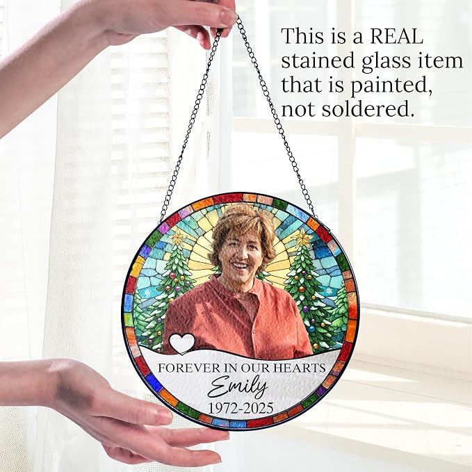 Personalized Memorial Photo Suncatcher – “Forever in Our Hearts” Christmas Ornament – in Loving Memory Gift for Mom or Grandma from Family – Custom Photo Remembrance Keepsake