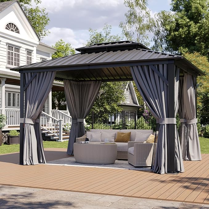 Aoxun 10Ft X 12Ft Hardtop Gazebo, Aluminum Metal Outdoor Gazebo with Breathable Netting and Curtains, Galvanized Steel Double Top, Permanent Patio Pavilion for Backyard, Wedding, Party