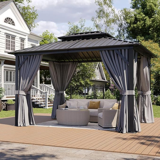 Aoxun 10Ft X 12Ft Hardtop Gazebo, Aluminum Metal Outdoor Gazebo with Breathable Netting and Curtains, Galvanized Steel Double Top, Permanent Patio Pavilion for Backyard, Wedding, Party