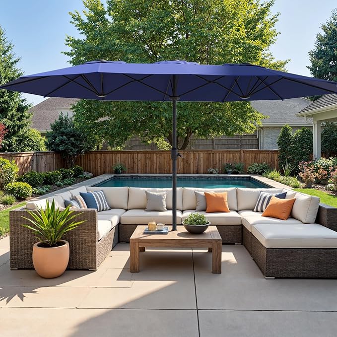 15ft Double-Sided Outdoor Patio Umbrella, Table Umbrellas with Steel Ribs, Easy Crank, Market Umbrella for Backyard & Pool