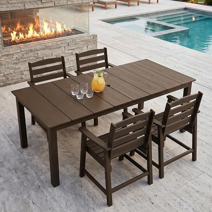 PLUUV 5-Piece Patio Dining Set, Hdpe Outdoor Patio Furniture Set with Aluminum Table Legs & Umbrella Hole, All-Weather Resistant Patio Table Set for Garden, Backyard, 4 Chairs & 1 Table, Coffee