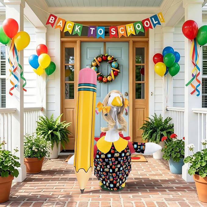 23" Back to School Porch Goose Outfit, Curly Wig (Statue not Included) | Complete 6 piece back to school goose set, Wavy unbraided wig + dress + pencil clips + inflatable pencil + red bag + tape