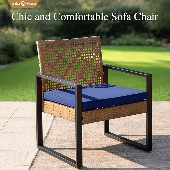 Sophia & William 4 Pieces Patio Conversation Set, Wicker Outdoor Furniture Set for 4, All Weather Outdoor Seating Set, Rattan Loveseat & Chairs with Cushions & Coffee Table，Brown and Navy Blue