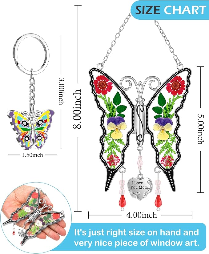 KY&BOSAM Butterfly Pressed Flowers Suncatcher Stained Glass Window Hanging | I Love You Mom Charm Sun Catchers Wind Chimes Ornament,Metal & Dried Flowers,Mothers Day Gifts for Mom Birthday Christmas