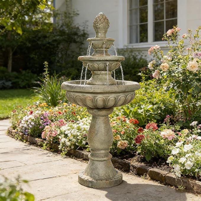 Naturefalls 42.5" Water Fountain Outdoor - Large Waterfall Fountain Outside, 3-Tiers Cascading, Fiber Reinforced Concrete, Indoor and Outdoor Fountain for Garden, Patio, Backyard, Lawn, Yard Decor