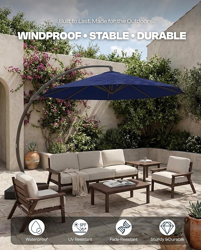 11 FT Cantilever Umbrella with Base Included, Large Round 360° Rotation Offset Umbrella Outdoor Patio, Heavy Duty Aluminum Frame, Sand-Weighted Stand, for Deck, Backyard, Pool, Garden (Navy Blue)