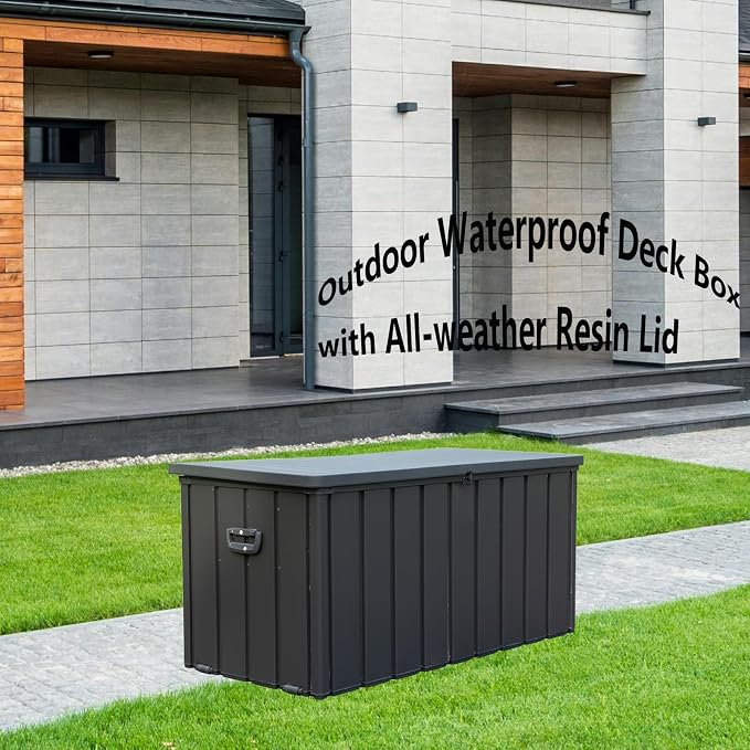 CHUNLY 120 Gallon Waterproof Deck Box with Lockable Resin Lid, Storage Bench w/Mobility Rollers, Outdoor All-weather Patio Storage Box for Outside Cushions, Garden Tools (Dark Gray)