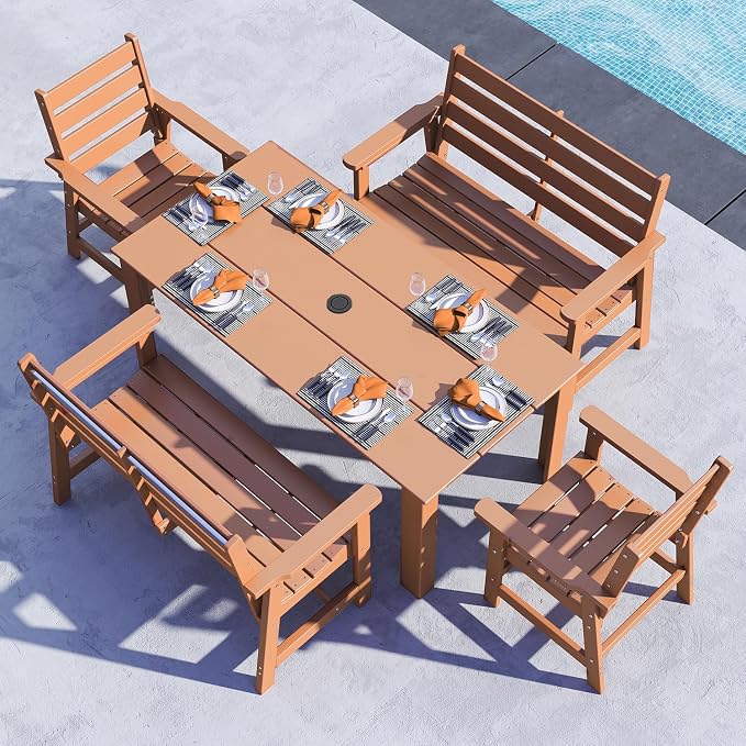 BRIOPAWS Outdoor-Dining-Table-Set | 5 Piece | HDPE | 2 Benches and 2 Chairs Sets for 6 | Patio Dinner Furniture | All Weather | Umbrella Hole | for Poolside Deck Backyard Outdoors | Teak