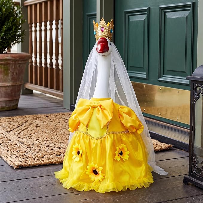 Porch Goose Statue with Princess Outfits - Cute Resin Goose Figurine with Yellow Princess Dress and Crown, Waterproof Weather Resistant Garden Decor for Patio Lawn Room, Gift for Women Goose Lovers