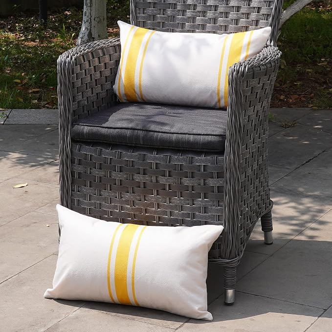 ONWAY Outdoor Pillow Covers Waterproof 12x20 Set of 2 Decorative Linen Throw Pillow Cover Beige and Yellow Striped Outdoor Pillows for Patio Furniture