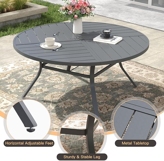 53.1" Outdoor Dining Table with Adjustable Umbrella Hole, Metal Slatted Round Patio Dining Table for Backyard Garden Deck, Dark Grey