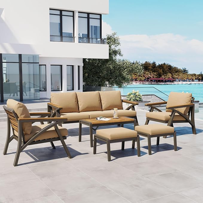 KLMM 6-Piece Outdoor Patio Furniture Set,Steel Frame Sofa Set with 3-Seat Couch, 2 Armchairs, 2 Ottomans & Acacia Wood Coffee Table,for Backyard, Garden, Poolside (Brown-BC)