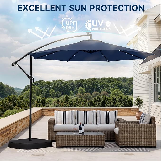 EROMMY 10FT 40-LED Solar Lighted Patio Umbrella with Base Included, Outdoor Offset Cantilever Umbrella, Infinite Tilt, Crank and Cross Base, UV Protection for Backyard, Lawn, Garden & Pool
