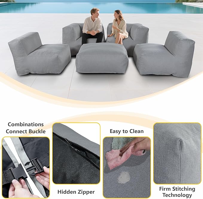 Patio Furniture Set, 5Pcs Outdoor Conversation Set with Bean Bag Middle Chairs, Corner Chair, Ottomans, Modern Foam Couch Set for Garden, Deck, Balcony (5, Deep Gray)