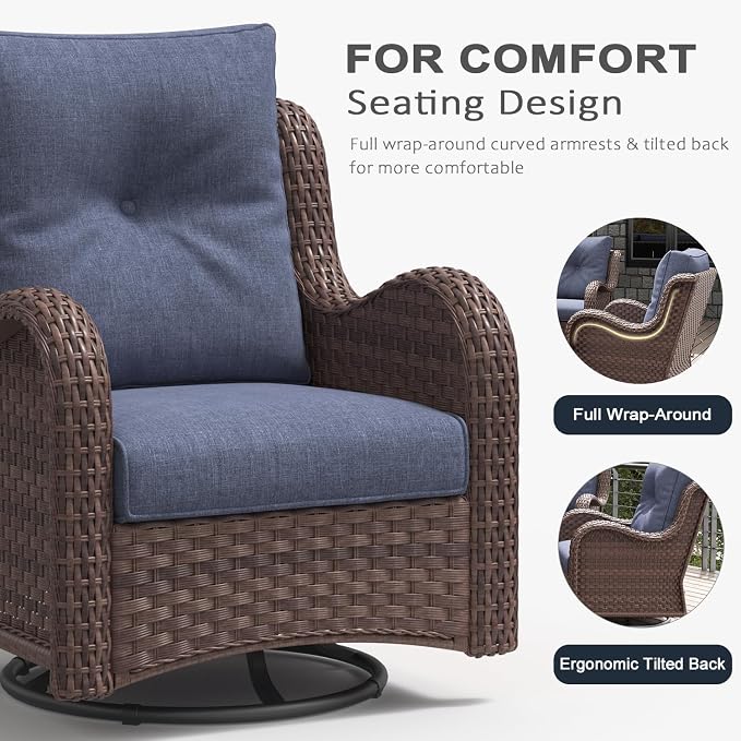 LayinSun 6 Pieces Outdoor Patio Furniture Set, Rattan Wicker Sectional Swivel Rocker Chairs Sets with Ottomans, Swivel Glider Chairs, and Coffee Table