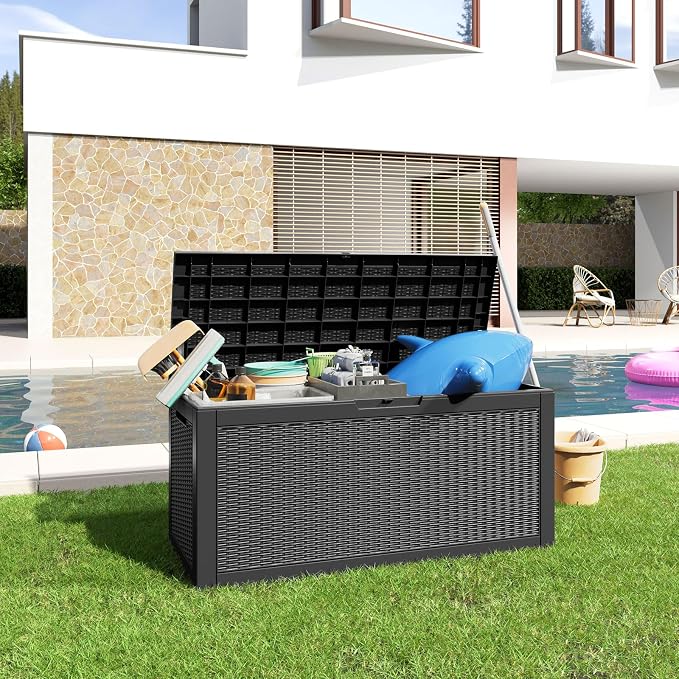 ROJIK 120 Gallon Waterproof Outdoor Deck Storage Box, Lockable Resin Patio Storage Bin with Lid for Garden Tools, Patio Cushions & Outdoor Accessories (Black)