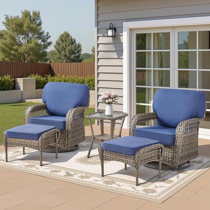 5 PCS Patio Furniture Set Outdoor Sectional Sofa Couch with Rocking Swivel Chairs 5" Deep Seat Chairs, Modern Wicker Rattan Conversation Set, Blue/Gray Wicker