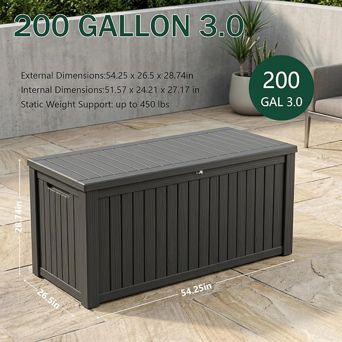 Outdoor Storage Box, 200 Gallon Waterproof Deck Box [Upgraded 3.0], Premium Hydraulic Cushion Storage Chest, High-Load Lockable Two-Seater Patio Storage Bench, Large Country Estate, Black