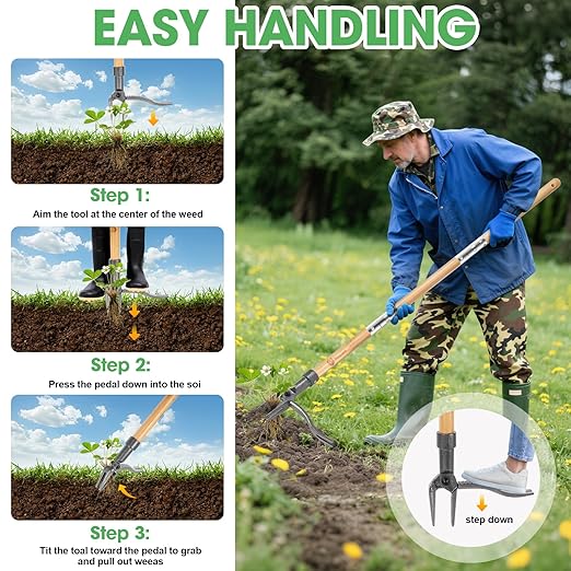 Weed Puller-Stand Up Weed Puller Tool,Adjustable 44-31.5" Bamboo Handle with Heavy Duty 4-Claw Cast Steel Head - Foot Step Design, No Bending Required - Garden & Yard Weeder