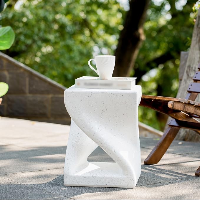 Polibi Modern White Terrazzo Side Table, Twisted X-Base MGO Accent End Table, Small Outdoor Indoor Table for Patio, Living Room, Balcony, Weather Resistant, No Assembly
