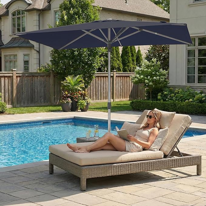 PURPLE LEAF 6 X 10 FT Commercial Rectangle Patio Market Umbrella Semi Auto Heavy Duty 1.9" Aluminum Pole 6 Sturdy Ribs for Outdoor Dining Business Restaurant Poolside Hotel Resort Wedding Venue Cafes Garden Navy Blue