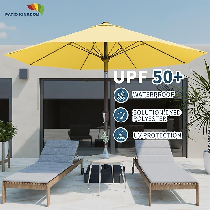 PatioKingdom Auto-Tilt 9FT Patio Umbrella Outdoor with 8 Sturdy Fiberglass Ribs,Market Table Umbrella for Pool,Backyard,Deck and Garden(Yellow)