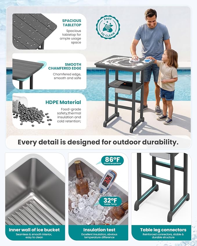 SERWALL Adirondack Bar Chairs and Table 8 Pieces Set, HDPE Bar Height Chairs Set of 2 and Bar Table with Ice Bucket, Outdoor Bar Stools Set for Dining, Balcony, Poolside, Backyard, Grey