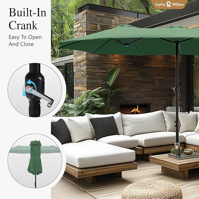 Sophia & William 15 ft Extra Large Patio Umbrella with Base Included, Rectangular Outdoor Umbrella Heavy Duty, Market Umbrella Double-sided Fade Resistant for Pool Garden Backyard, Mint