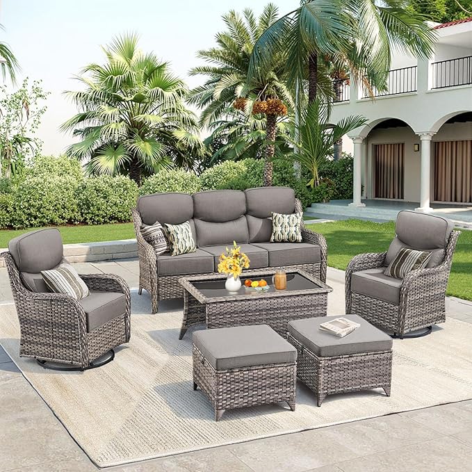 Luxury 6 Pieces Outdoor Patio Furniture Set-All Weather Wicker Outdoor Furniture with Swivel Rocker Patio Chairs 6-inch Extra Thick Cushions Wicker Conversation Set for Garden Porch(Grey/Grey)