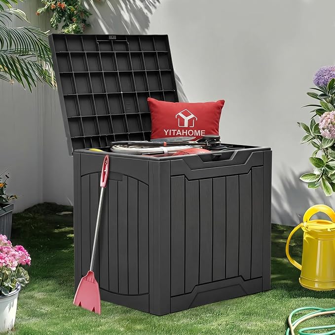 YITAHOME 31 Gallon Resin Deck Box Outdoor Storage Box and Waterproof Package Delivery Box with Lockable Lid for Patio Furniture, GardenTools, Pool Supplies, Black