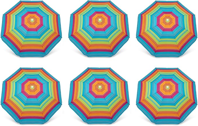 PMU 6 Pcs 6ft Multicolored Beach Umbrella – Vibrant Rainbow Stripe Design, 72in Open, 160G Polyester, Large Outdoor Patio Pool Parasol Umbrella for Garden, Deck, Backyard & Pool