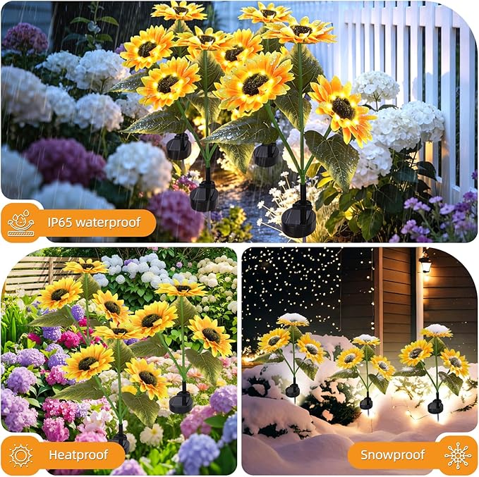 Solar Path Lights Outdoor 4 Pack, LED Flower & Sunflower Decor, Waterproof Auto On/Off, Bigger Solar Panel for Yard, Patio, Garden Walkway Decoration Gift for Mom (Yellow)