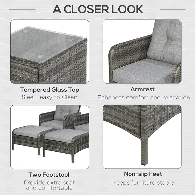 Outsunny 5 Pieces Rattan Wicker Lounge Chair Outdoor Patio Conversation Set with 2 Cushioned Chairs, 2 Ottomans and Tempered Glass Top Coffee Table, Gray/Light Gray