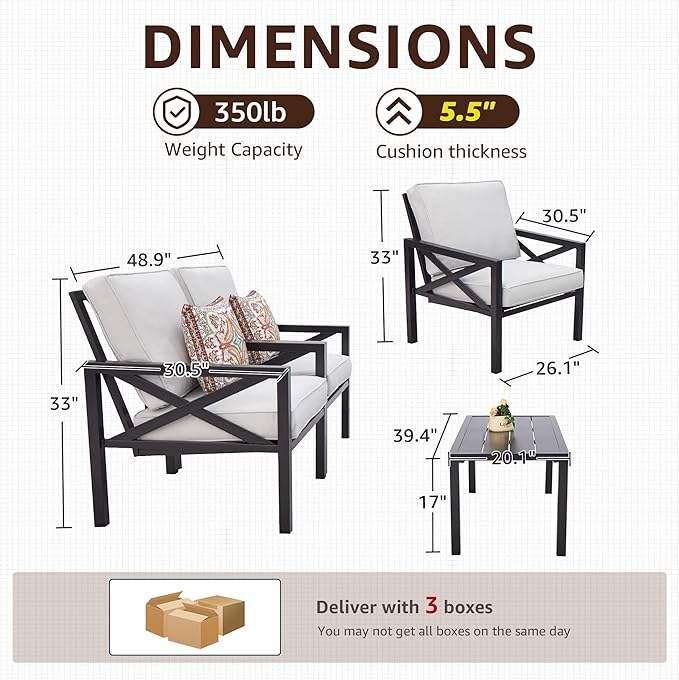 NATURAL EXPRESSIONS Outdoor Patio Furniture 4 Pieces Set, Modern Patio Conversation Sets, Outdoor Sectional Metal Sofa with 5.5 Inch Cushion and Coffee Table for Balcony, Garden