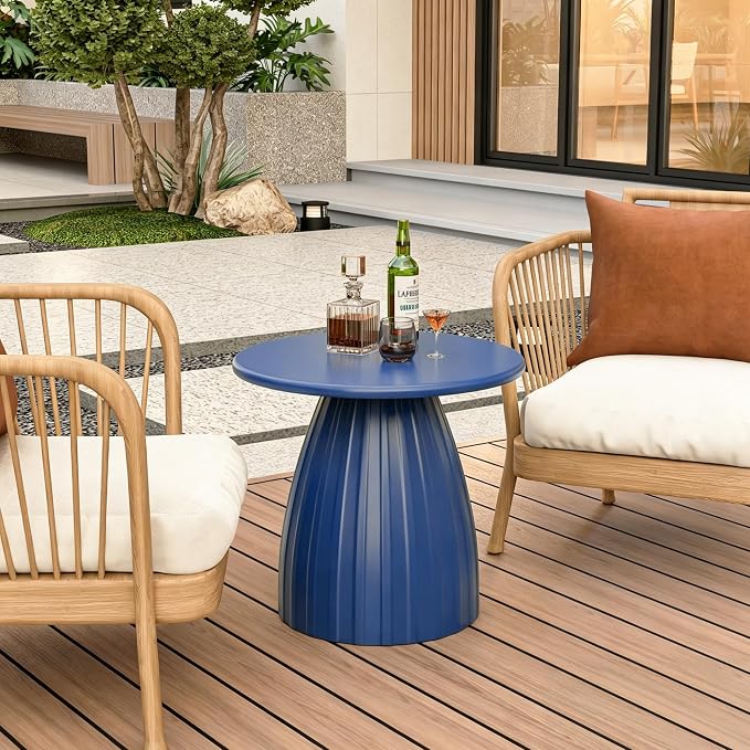 Round Metal Outdoor Patio Side Table, Steel Outdoor Accent Table, Small Patio End Table, for Garden, Pool, Yard, Balcony, Living Room, Deck, Weather Resistant, No Assembly, Blue