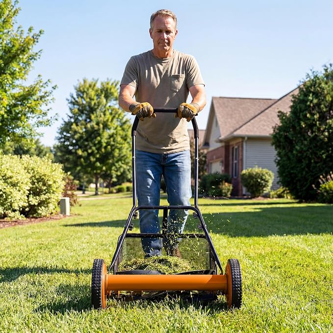 Push Reel Lawn Mower, Cordless 18" Manganese Steel Manual Grass Cutter with 5-Blade, Removable Grass Catcher, 9 Cutting Heights, Walk-Behind Lawn Mower for Garden Farm Yard (Orange)