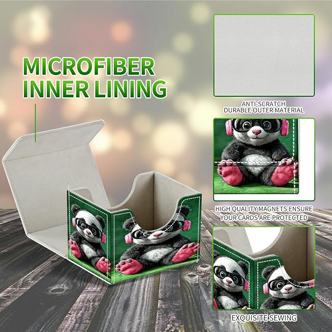 Card Deck Box for MTG, Cards Storage Box Fits 120+ Sleeved, Leather Small Size Strong Magnetic Closing Card Case for Board Games Magic TCG CCG Baseball Collection, Pink Headphones Panda