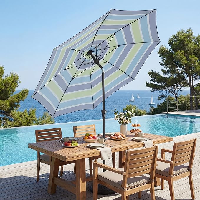 JEAREY 9FT Outdoor Patio Umbrella,Market Table Umbrella with 8 Fiberglass Ribs, Pool Umbrella with Tilt and Crank, UV Protection Lightweight & Wind-Resistant for Lawn, Garden, Deck and Backyard, Blue-Green Stripe