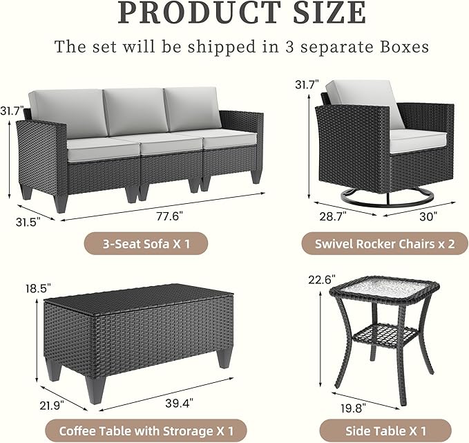 UDPATIO Patio Furniture Set, 5 Pieces Outdoor Conversation Sets with Rocking Swivel Chairs, Wicker Rattan Outdoor Sofa Set with Storage Table and Waterproof Covers for Backyard, Deck, Light Grey