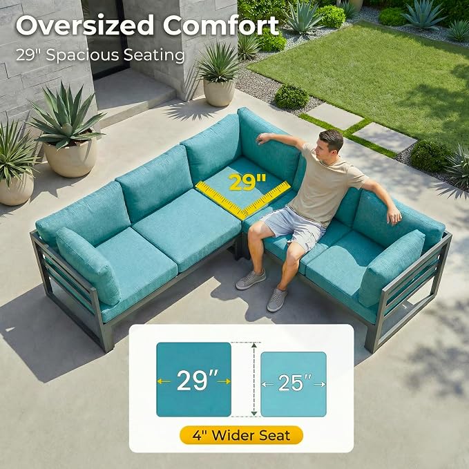 RADIATA 9 Piece Large Modern Aluminum Outdoor Patio Furniture Set with Fire Pit Table Propane/Gas, 29 inch Wide Deep Seat, Anti-Rust Comfy Sectional Sofa, 500 lbs Sturdy Conversation Set, Turquoise