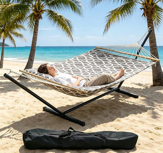 GarveeHome 2 Person Hammock with Stand, Heavy Duty Hammock with Carrying Bag, Soft Pillow, 475 lbs Capacity, Freestanding & Portable for Patio, Garden, Camping, Light Grey