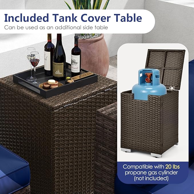 Tangkula 7 Pieces Patio Furniture Set with 32” Fire Pit Table and Propane Tank Cover, Outdoor PE Wicker Sectional Conversation Set with Cushions for Deck, Backyard, Protective Cover Included