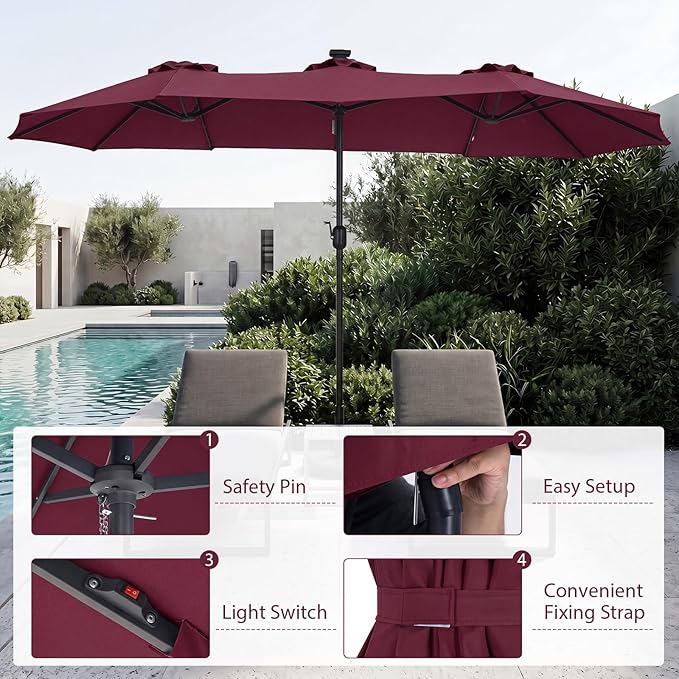 Tangkula 13 Ft Solar Patio Umbrella, Double-Sided Extra Large Outdoor Market Table Umbrella with 36 LED Lights, Crank Handle, 12 Sturdy Ribs for Poolside, Garden & Backyard (Burgundy)