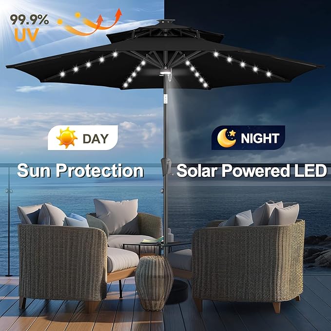 FLAME&SHADE 2 Tiers 9ft Solar Light Patio Umbrella, 40 LED Lights Outdoor Umbrella with Centre Surround Light, Table Market Umbrella for Deck, Pool, Porch, Backyard, Garden (Black)