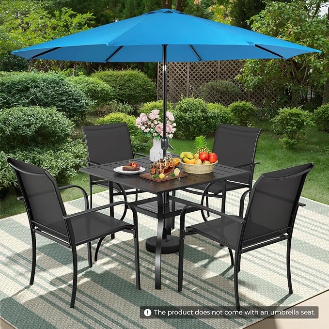 Incbruce 6 Pieces Patio Dining Set with Sky Blue Umbrella, Outdoor Dining Set of 4 Textilene Chairs and Square Table with Umbrella Hole for Backyard, Garden, and Poolside (Black)
