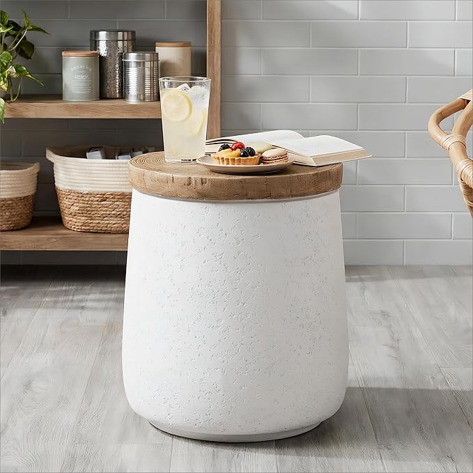 HOMPUS Outdoor Side Table Set of 2, Concrete End Table Cylinder Shaped | Lightweight MgO Patio Accent Table w Wood Grain Top, Small Round Outdoor Garden Stand for for Indoor Outdoor Use, White