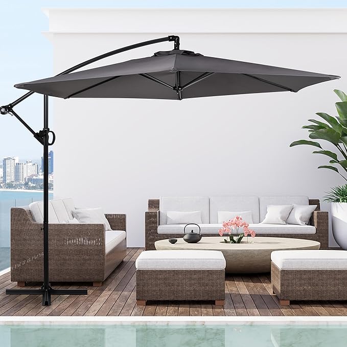 Shintenchi Offset Patio Umbrella with Easy Tilt Adjustment,Crank and Cross Base, Outdoor Cantilever Hanging Umbrella, Sunshade Free Standing Canopy, Dark Gray