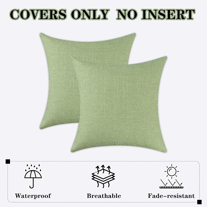 Kevin Textile Outdoor Waterproof 18”x18” Pillow Covers 2 Pack, Sage Green | Water Resistant, Soft Faux Linen-cotton Yarn-dyed Woven Texture Throw Pillow Covers for Tent Patio Garden Couch Sofa