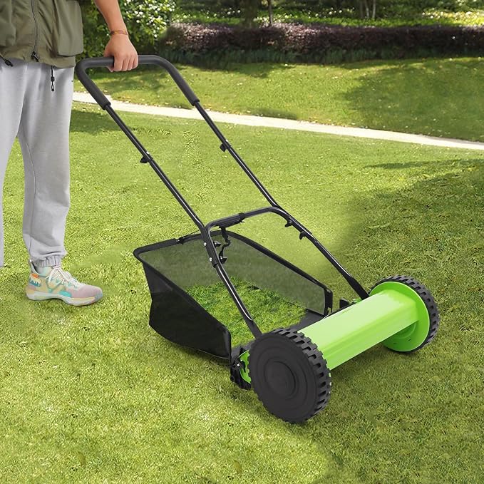 Push Reel Lawn Mower 15.75-Inch Manual with Adjustable Height and Grass Catcher for Small Medium Lawns Yards Home Use